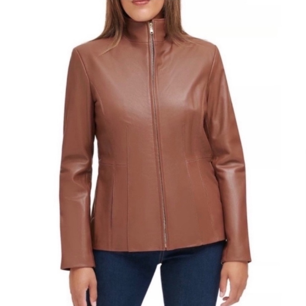 COLE HAAN NWT Long Sleeve Wing Collar Lambskin Leather Jacket *Hazelnut L
